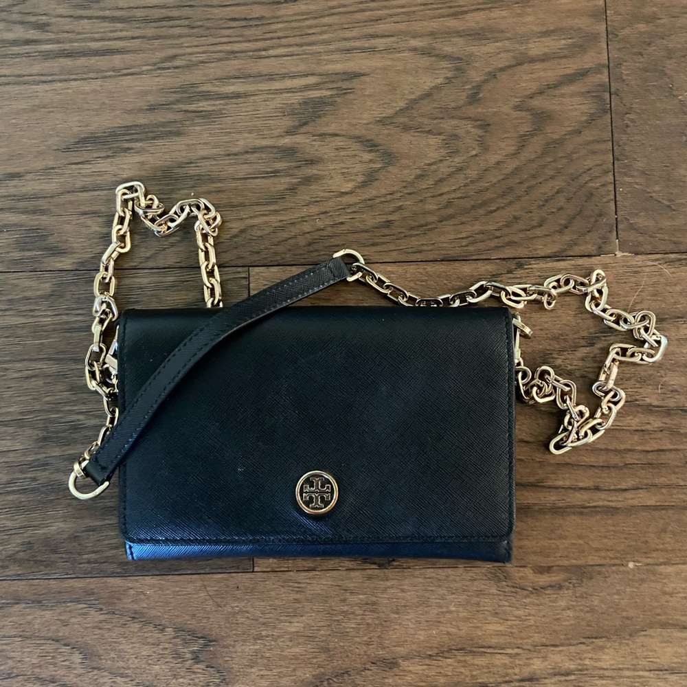 Tory Burch Black and Gold Wallet on Chain Crossbody Bag